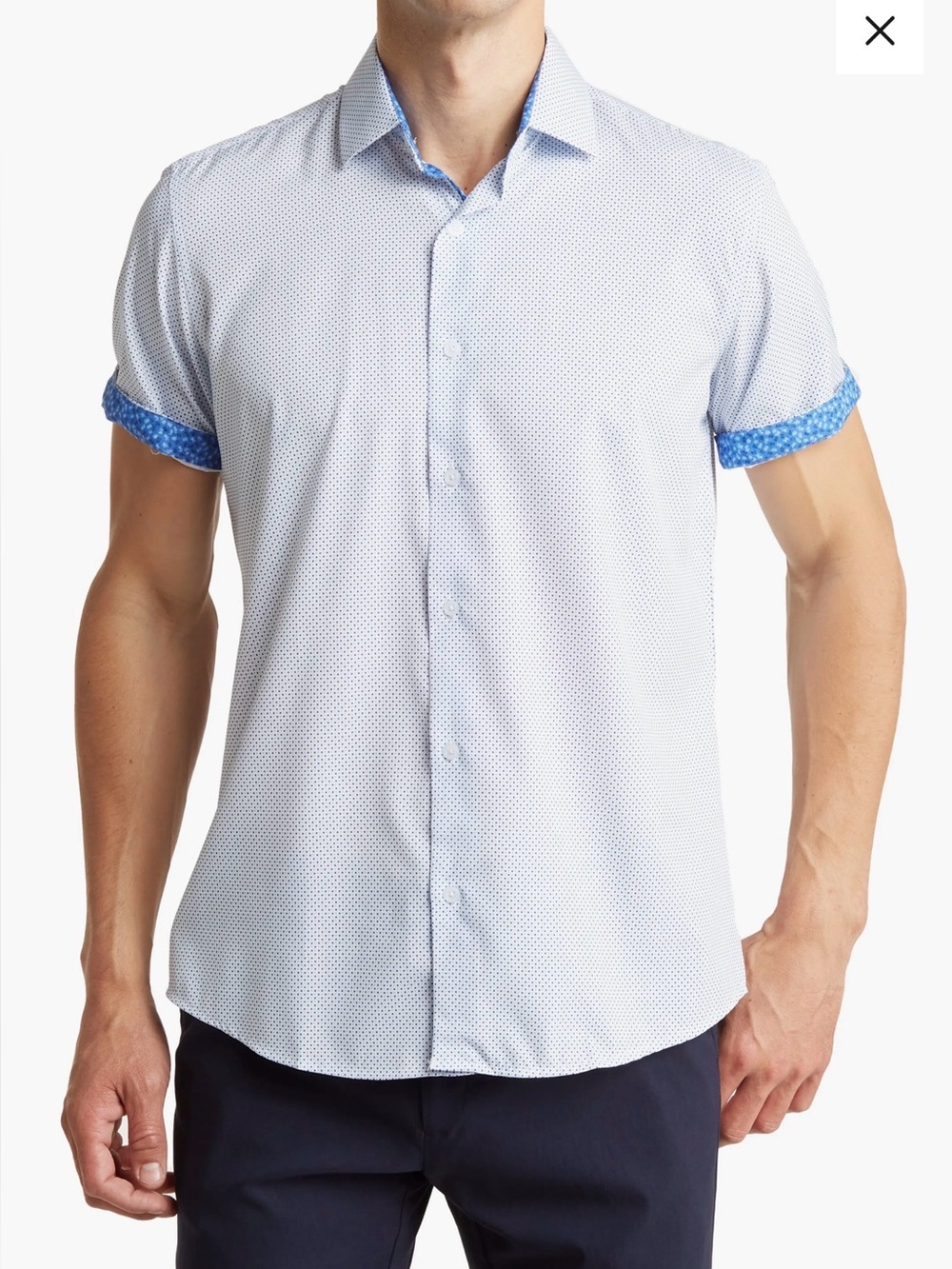Men's Light Blue Short Sleeve Performance Stretch Micro-Print Button Down Shirt